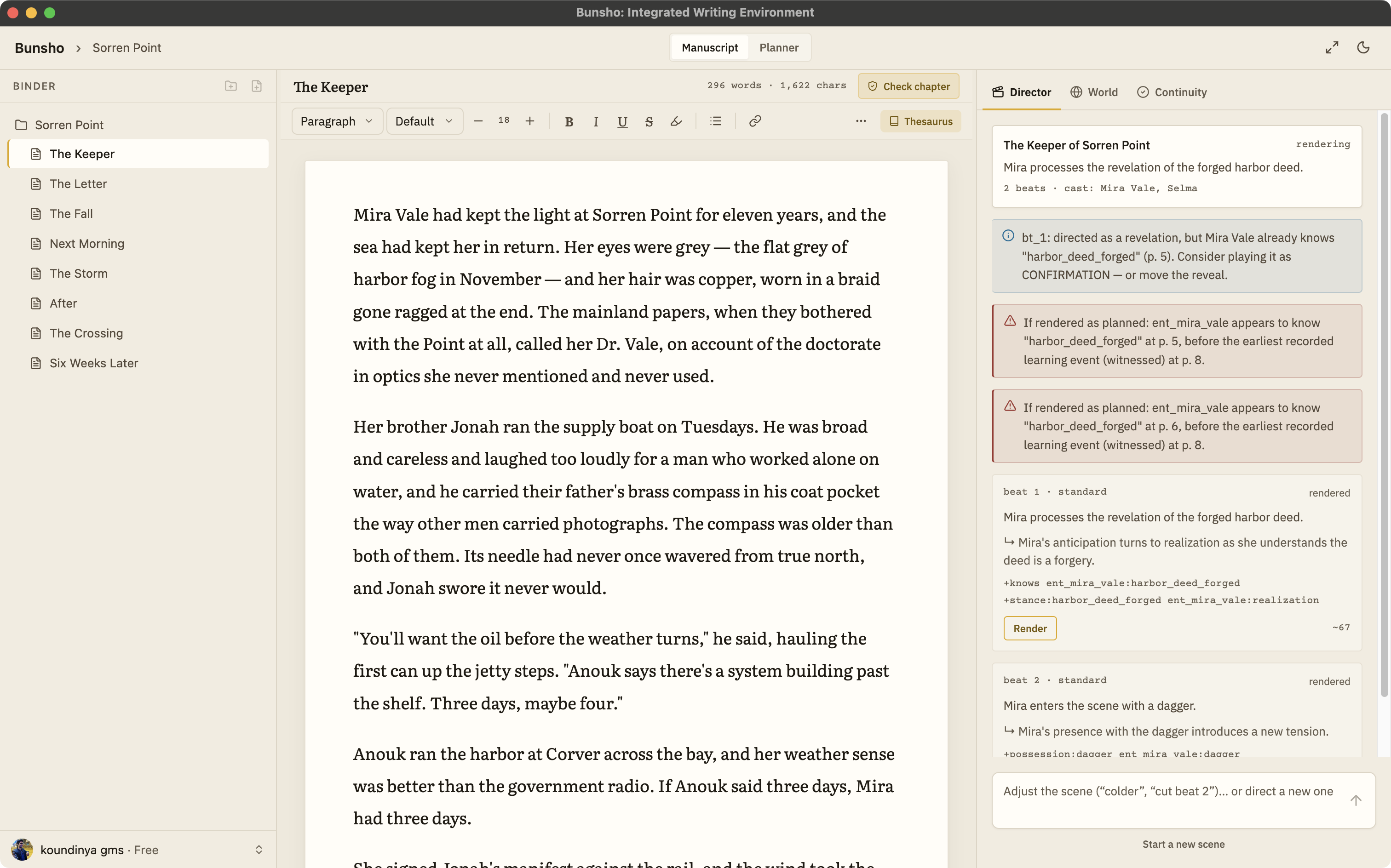 The Bunsho editor: binder on the left, the manuscript page in the middle, the Director panel on the right