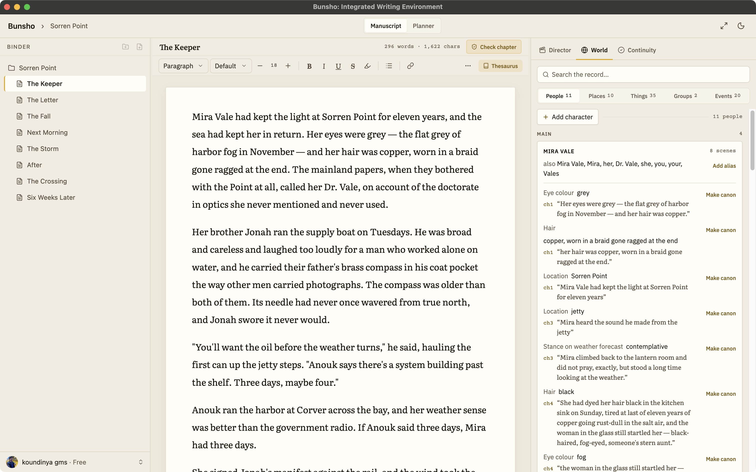 The World tab listing characters, places, and objects read from your manuscript